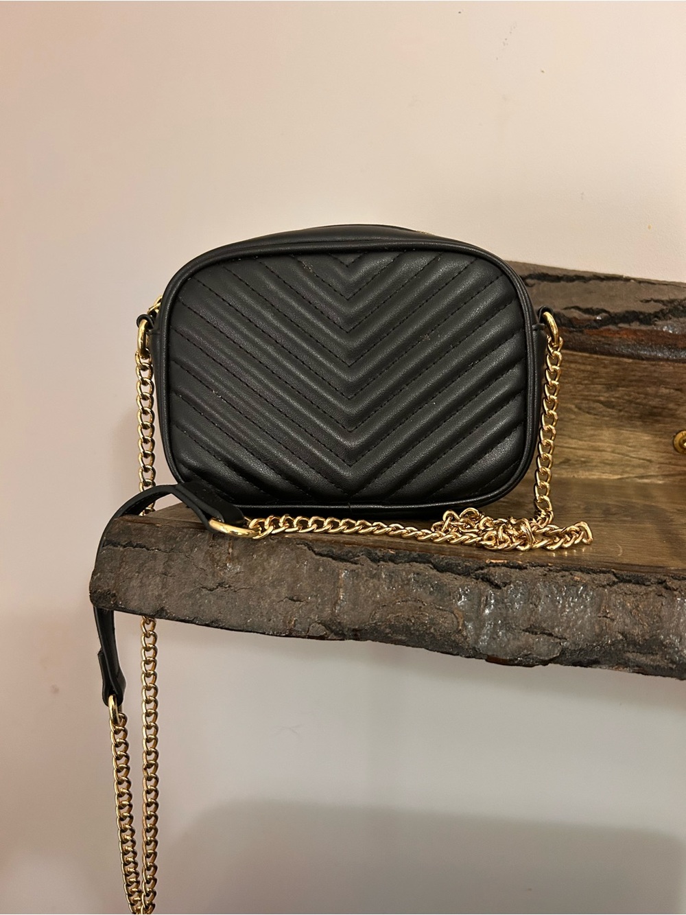 BCBGMaxAzria Black Quilted Chevron Crossbody with Gold Chain